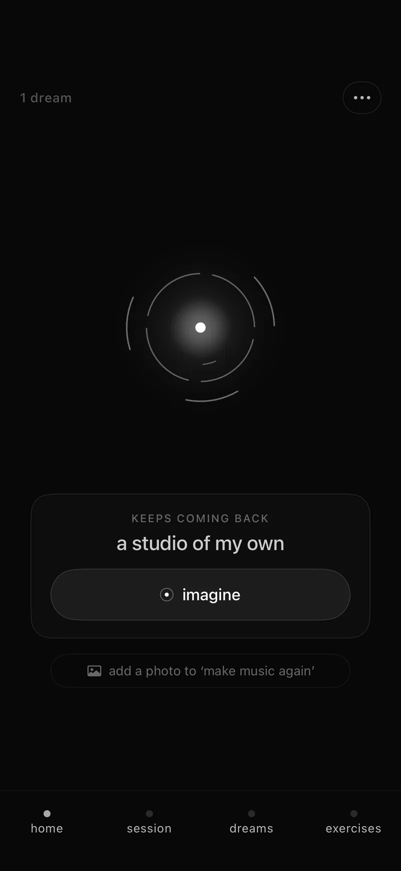 1 dream home screen: a glowing orb above session, dream and practice buttons