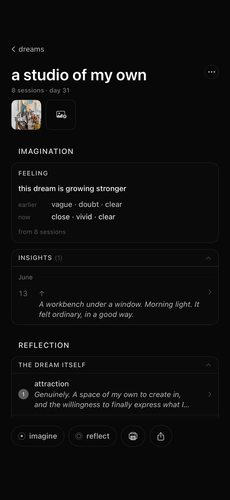 A dream's detail page: imagination and reflection grouped side by side, your words showing this dream is growing stronger