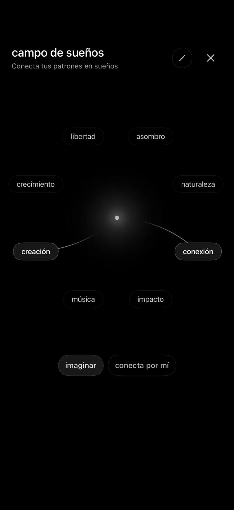 El campo de sueños: una constelación de tus propias palabras, con conexión y creación atraídas hacia un centro luminoso, y conecta por mí debajo