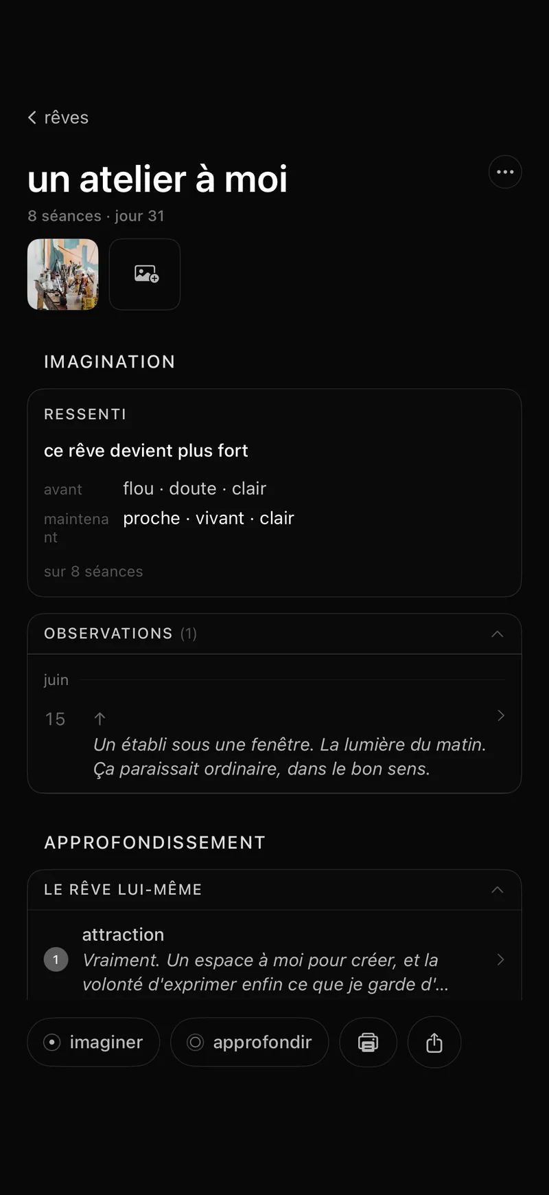La page détail d'un rêve : imagination et réflexion côte à côte, tes mots montrant que ce rêve se renforce