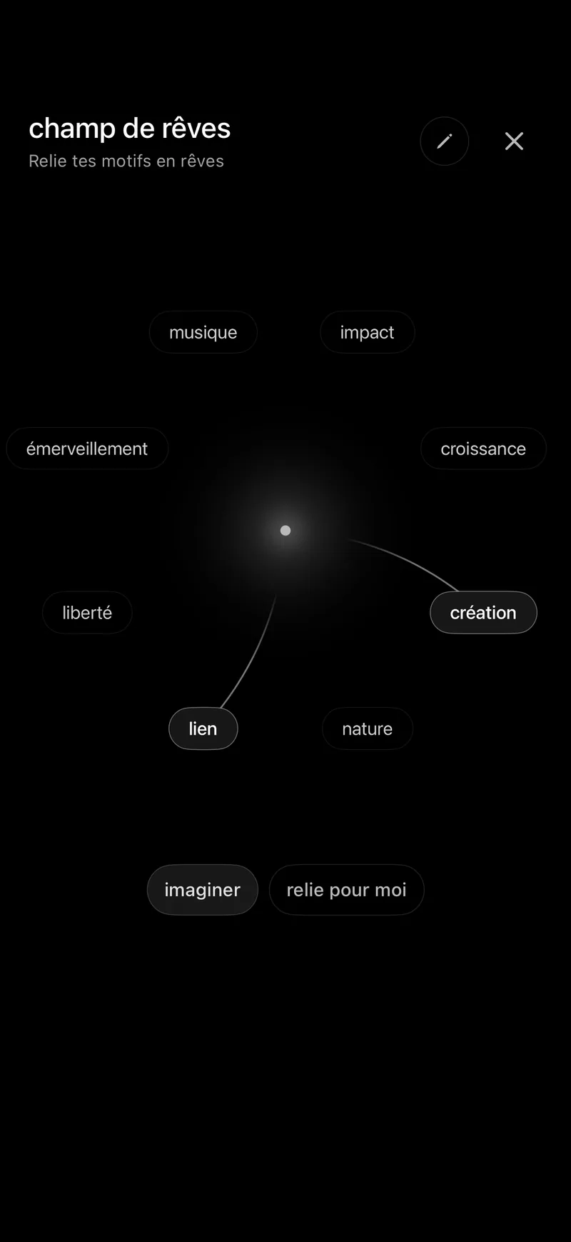 Le champ de rêves : une constellation de tes propres mots, avec connexion et création réunies vers un centre lumineux, et connecte pour moi en dessous