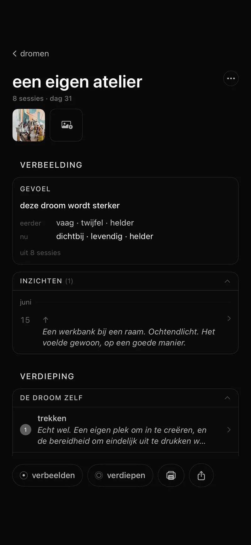 De detailpagina van een droom: verbeelding en reflectie naast elkaar, je woorden laten zien dat deze droom sterker wordt